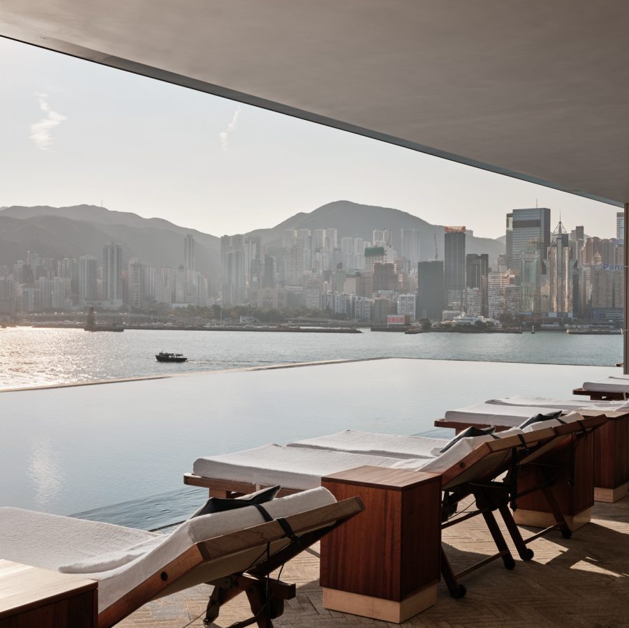 Rosewood Hong Kong hotel pool with view of Victoria Harbour